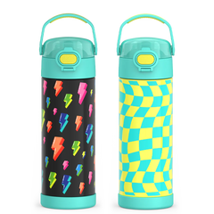 16oz FUNtainer Water Bottles with Locking Lids Lightning Bolt & Wavy Checkers Teal Bundle