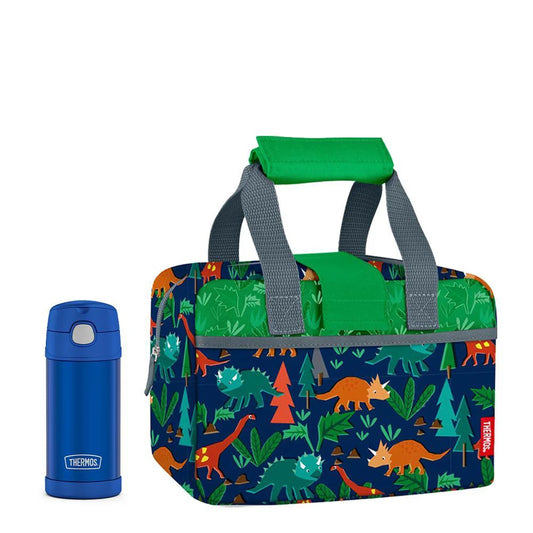 LUNCH DUFFLE WITH 12oz FUNTAINER® SOLID BOTTLE WOODLAND DINO