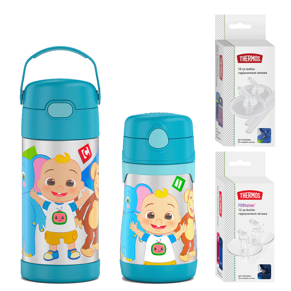 Cocomelon 12oz Water Bottle & 10oz Water Bottle with Extra Straws Bundle