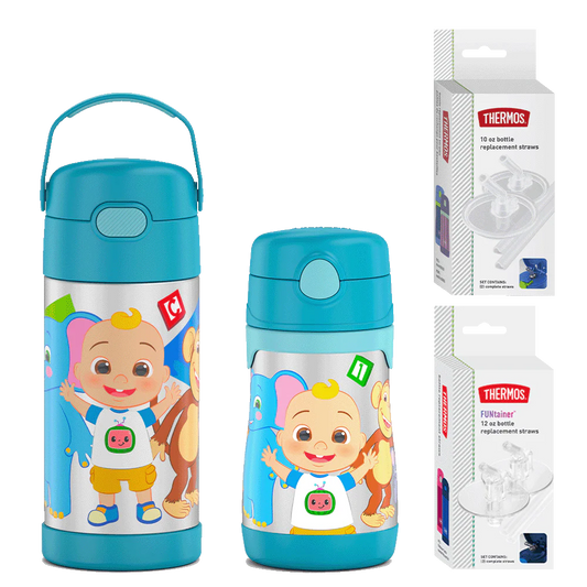 Cocomelon 12oz Water Bottle & 10oz Water Bottle with Extra Straws Bundle
