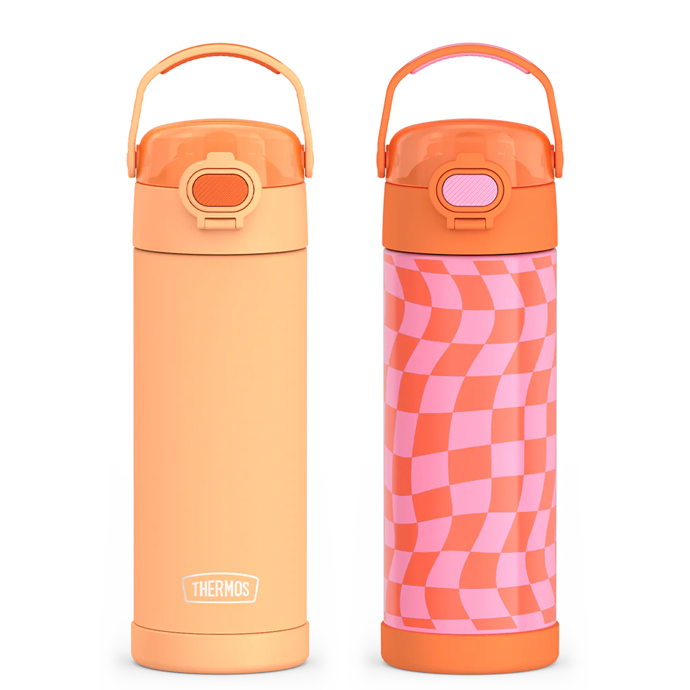 16oz FUNtainer Water Bottles with Locking Lids Neon Orange & Wavy Checkers Orange Bundle