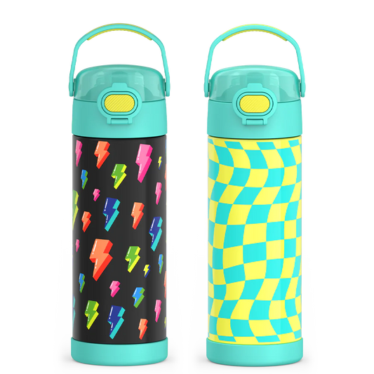 16oz FUNtainer Water Bottles with Locking Lids Lightning Bolt & Wavy Checkers Teal Bundle